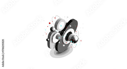 Abstract 3d rendering of a complex futuristic mechanical device with orbiting particles isolated on white background