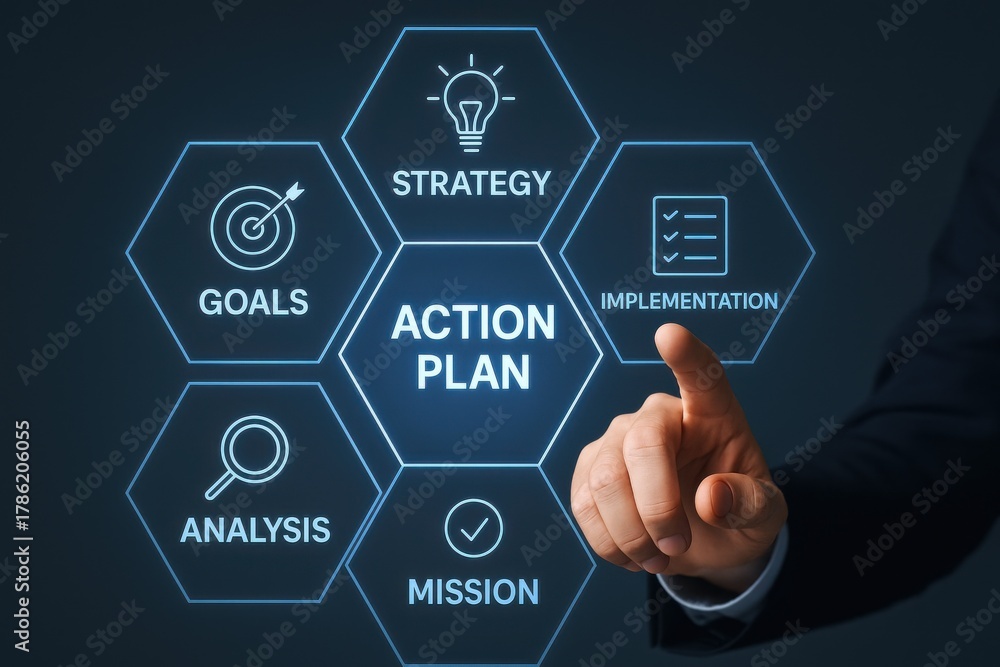 Fototapeta premium Business professional selecting key components of an action plan, emphasizing strategy, goals, implementation, and mission in project management. Concept of effective planning and execution.