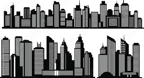 City skyline silhouettes, urban building shapes, modern architecture vector, black and white cityscape design, skyscraper illustration, downtown skyline art