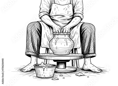 Potter Shaping Clay Pot on Wheel in Hand-Drawn Line Art Style. Vector Illustration for Mindful Craftsmanship.