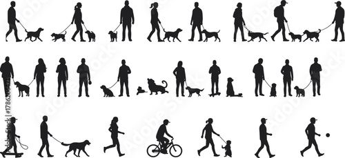 Silhouettes of people walking dogs, riding bicycles, interacting with pets, family activities, outdoor lifestyle, urban scenes, animal companionship, daily routine