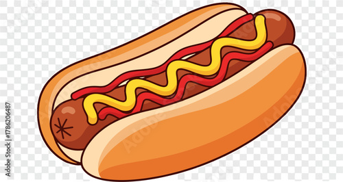 A Delicious Hot Dog in a Bun with Ketchup and Mustard Toppings on a Transparent Background