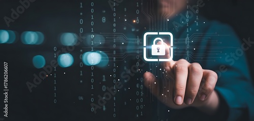 Businessman touching virtual master key with binary number code for identity and access password ,technology security system and prevent hacker concept. security system and prevent
