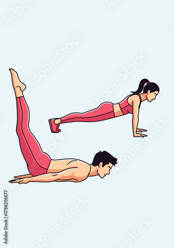 Active man and woman performing a challenging yoga pose together, demonstrating strength and partnership on a light blue background