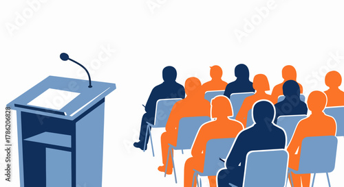 Audience Attending a Presentation at a Conference or Lecture Hall with a Podium and Microphone