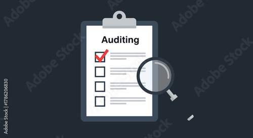 Auditing checklist with a red checkmark and magnifying glass on a clipboard, conceptual symbol for business analysis and verification