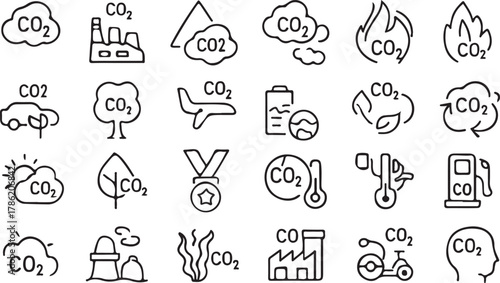 CO2 Emission and Climate Change Line Icons Set