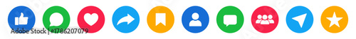 Like, comment, love, heart, share, repost, save, thumb up, favorite, user button sign in circle. Social media icon set