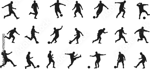 Soccer silhouettes, football action poses, kicking, dribbling, running, athlete movements, sports training, dynamic motion, black figures, isolated, vector art