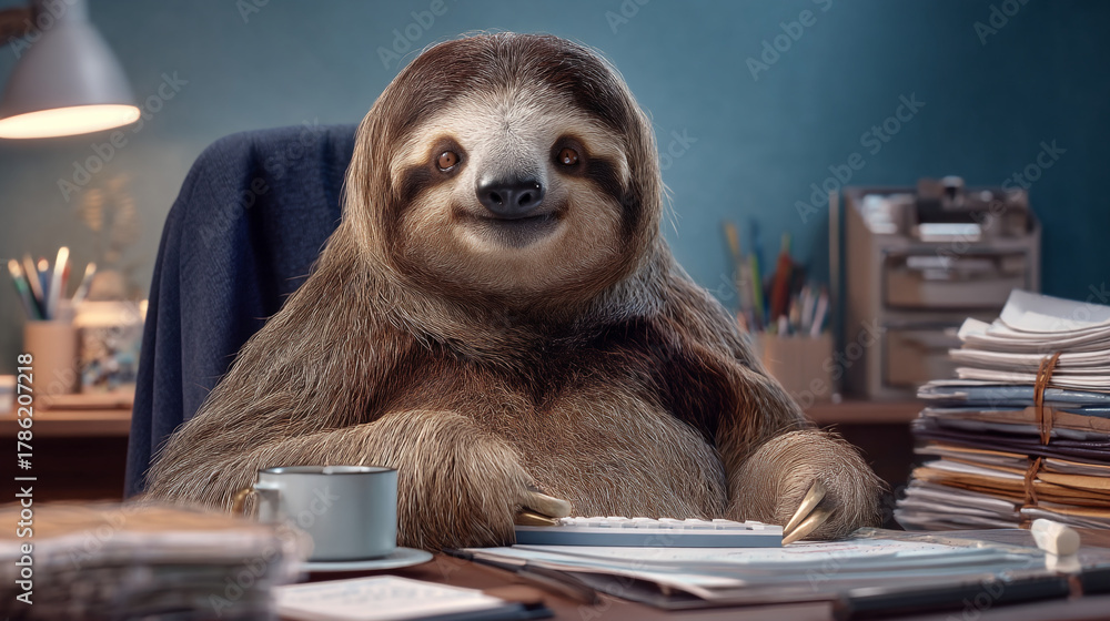 Obraz premium A sloth sits at a desk with a computer keyboard and piles of paperwork around it