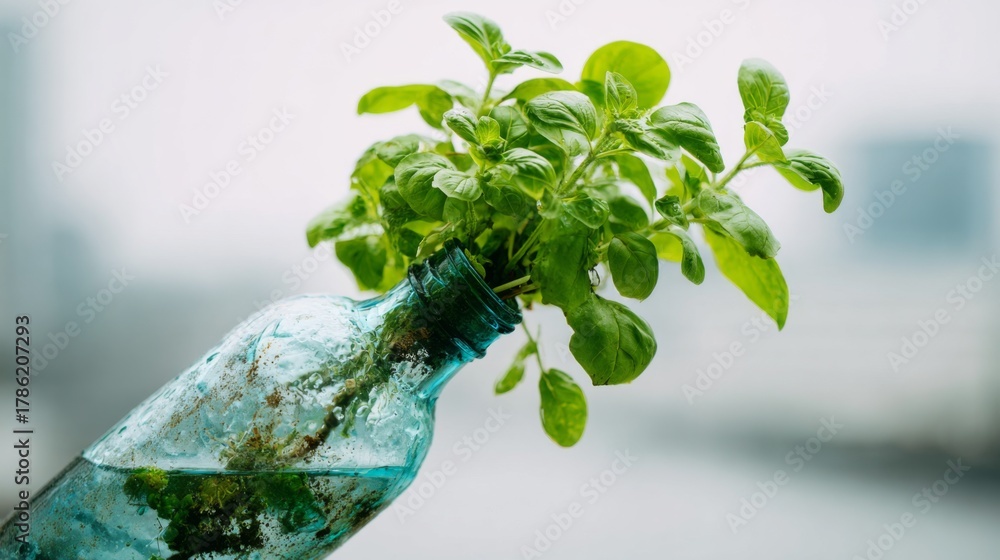 Fototapeta premium Fresh Green Basil Plant Growing in Recycled Plastic Bottle for Eco-Friendly Gardening Ideas and Sustainable Living Concepts