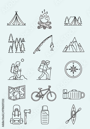 Camping and Outdoor Adventure Icons Set Featuring Tent, Campfire, Fishing Rod, Mountains, Cyclist, Kayak, and Backpack Illustration