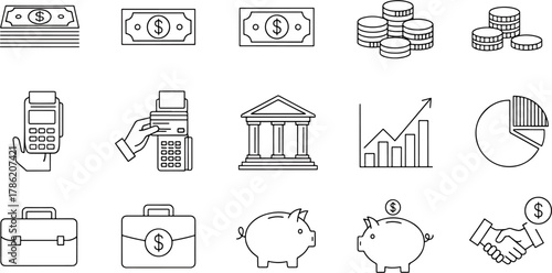 Collection of 15 flat design icons for finance and business, including money, bank, piggy bank, and handshake icons.