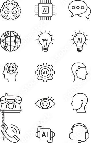 Collection of AI and Technology Icons Featuring Brain, Chip, Globe, Lightbulb, Gear, Head Profile, Phone, Eye, and Headphones