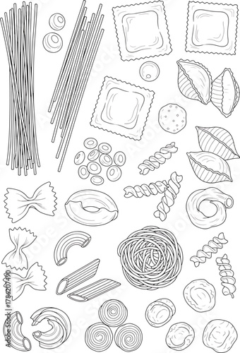 Collection of assorted Italian pasta shapes and ingredients illustration, drawn in a simple line art style on a white background