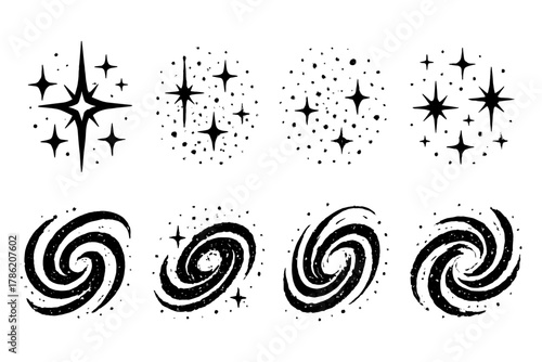 Set of sparkle and swirl elements in flat grunge style