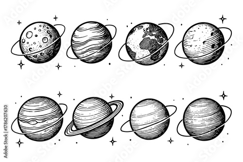 Sketch style planet collection with rings and stars in black and white