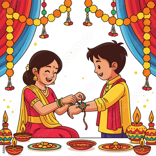 Sister tying Rakhi on brother's wrist celebrating Raksha Bandhan festival with Indian cultural decoration and diya lamps