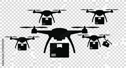Fleet of drones delivering packages, symbolizing modern logistics and future delivery services.