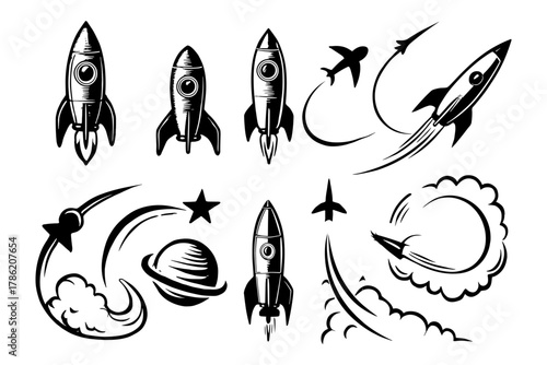 Retro rocket silhouettes and space elements in black and white