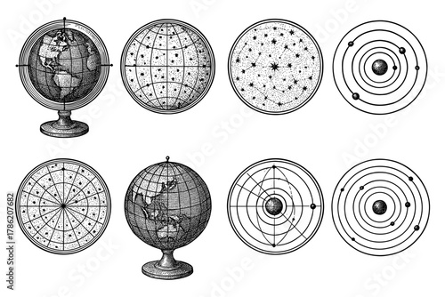 Vintage astronomy set: globes, star maps, and celestial charts in retro style