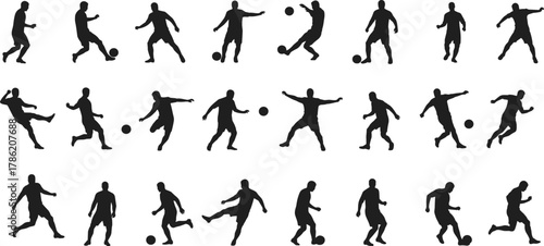 Soccer player silhouette, football action poses, dribbling, kicking, passing, sports movement, athlete icon, training, black figure, white background