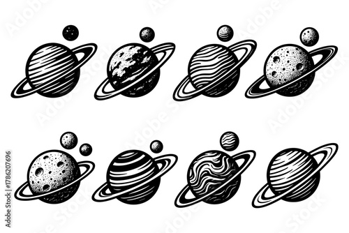 Hand drawn planetary illustrations with rings and textured surfaces