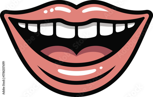 Open mouth vector with pink lips and white teeth showing a wide happy smile expression on black background