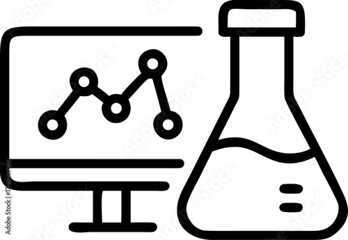 Computer monitor displaying graph next to laboratory flask