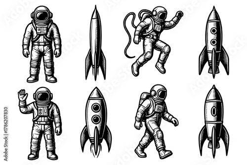 Retro space exploration with astronauts and rockets in vintage engraving style
