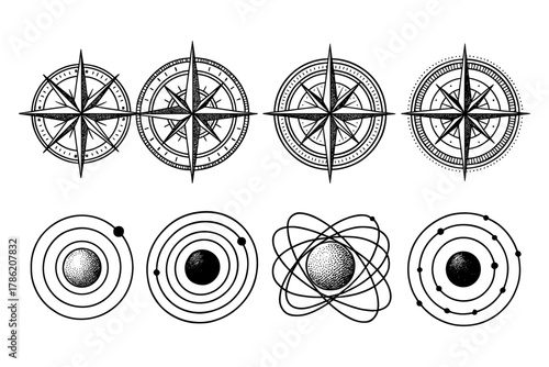Vintage compass roses and atomic orbit diagrams collection