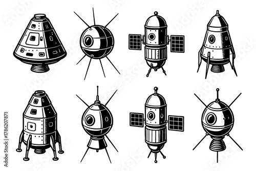 Retro spacecraft collection: vintage monochrome designs of iconic space capsules and satellites