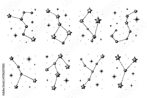 Zodiac star constellations set with hand-drawn style stars and cosmic elements