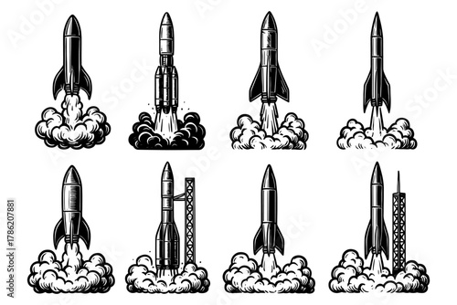Vintage rockets launch set with retro black and white style on white background