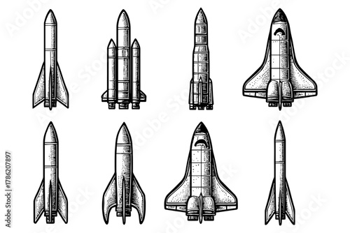 Vintage spacecraft collection: hand drawn rocket and shuttle set