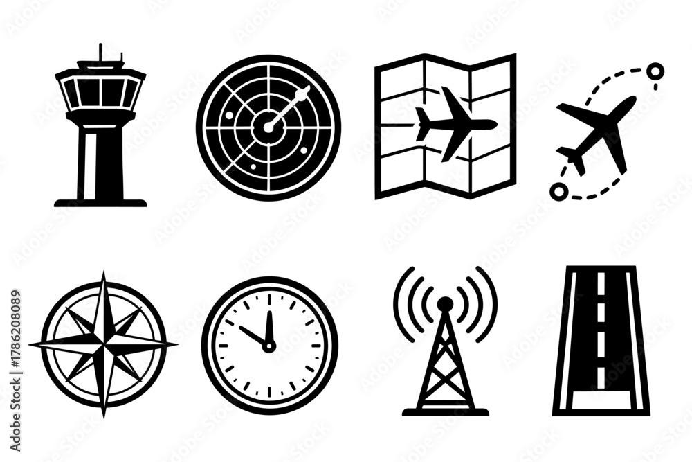 Obraz premium Aviation icon set featuring control tower, flight path, compass, and radar