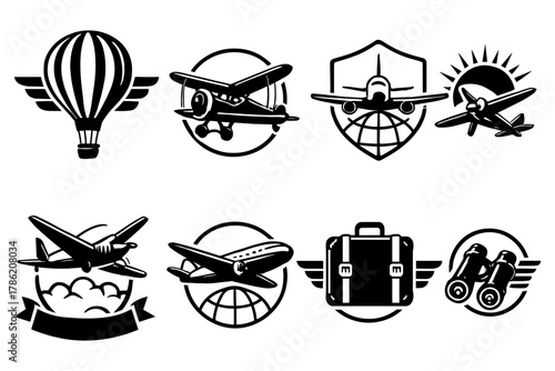 Vintage aviation icons set featuring aircraft, hot air balloon, and travel elements in bold black and white stylized designs