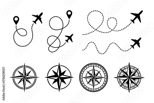 Airplane path and compass icons set for maps and navigation design