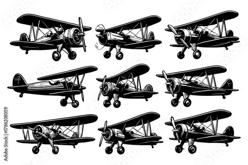 Vintage biplane silhouettes: classic aircraft collection in black and white