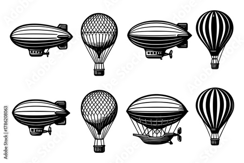 Retro airships and hot air balloons in vintage black and white style