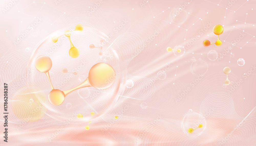 Fototapeta premium Soft pink abstract background with glowing 3D molecules. Perfect for skincare, cosmetics, collagen concept, beauty science, biotech presentations, and medical or health product advertising.
