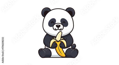 Charming cartoon panda snacking on a vibrant yellow banana, a delightful digital illustration