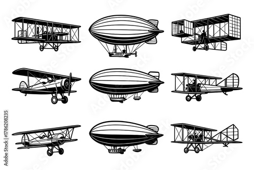 Vintage aircraft and airship set in black silhouette style