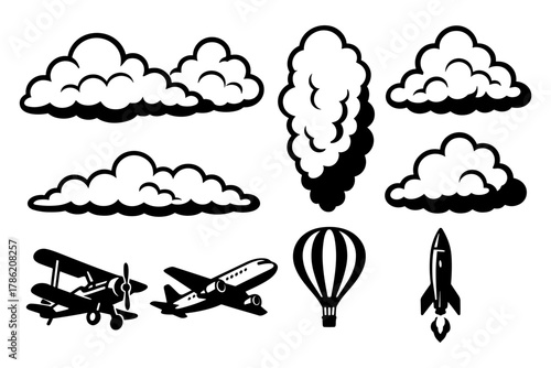 Silhouette cloud and aircraft collection with rocket and hot air balloon