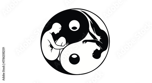 Symbol of balance and duality with two human figures in yin yang design