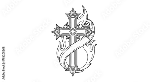 Stylized cross encircled by ethereal flames, graphic illustration of faith and hope design,