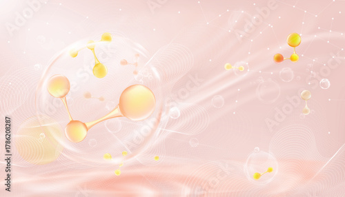 Soft pink abstract background with glowing 3D molecules. Perfect for skincare, cosmetics, collagen concept, beauty science, biotech presentations, and medical or health product advertising.