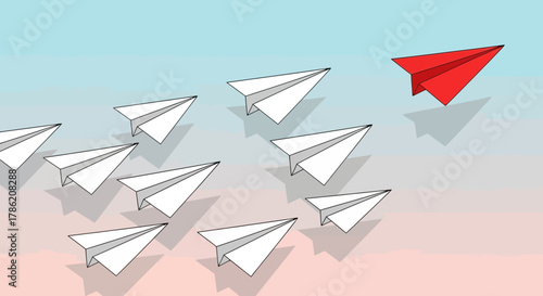 Leadership concept illustrated by red paper plane leading a group of white planes flying through