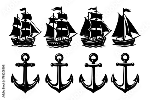 Nautical silhouette collection featuring ships and anchors in classic black and white design