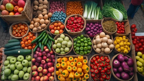 A colorful display of fresh fruits and vegetables at a market.